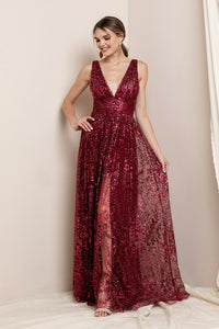 Red Deep V Neck Sequin Maxi Evening Dress