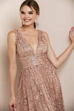 Champagne Deep V Neck Sequin Maxi Evening Dress
