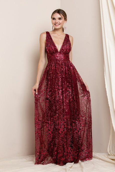 Red Deep V Neck Sequin Maxi Evening Dress