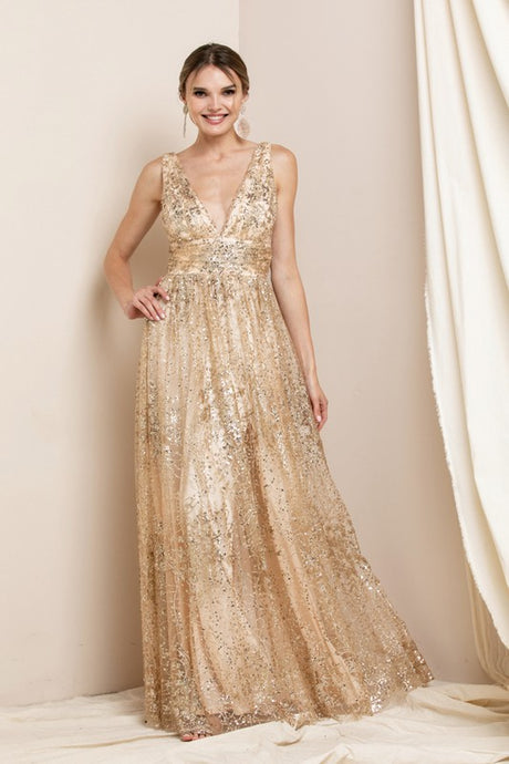 Light Gold Deep V Neck Sequin Maxi Evening Dress