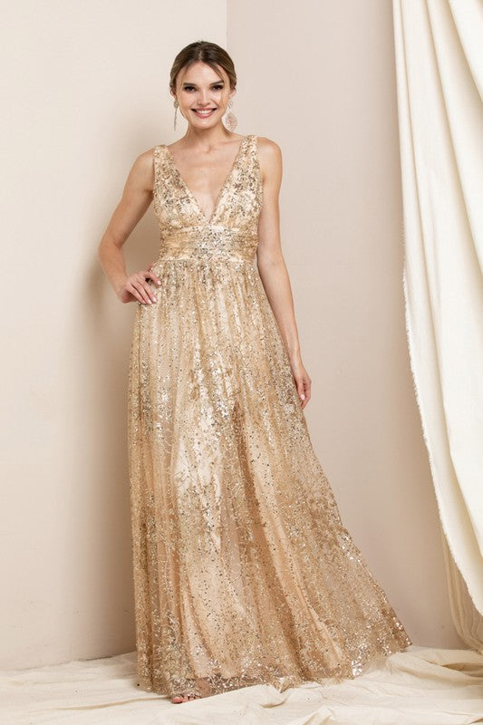 fitted lace wedding dress Rose Gold Sequin Maxi Dress With Gold Detail main image 1