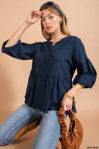 Teal Blue Yarndye Plaid Bubble Babydoll Button Down Top