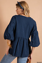Teal Blue Yarndye Plaid Bubble Babydoll Button Down Top