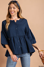 Teal Blue Yarndye Plaid Bubble Babydoll Button Down Top