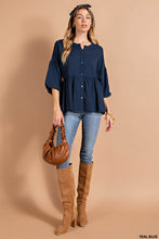 Teal Blue Yarndye Plaid Bubble Babydoll Button Down Top