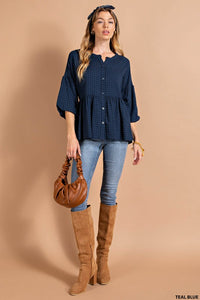 Teal Blue Yarndye Plaid Bubble Babydoll Button Down Top