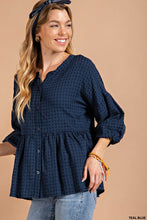 Teal Blue Yarndye Plaid Bubble Babydoll Button Down Top