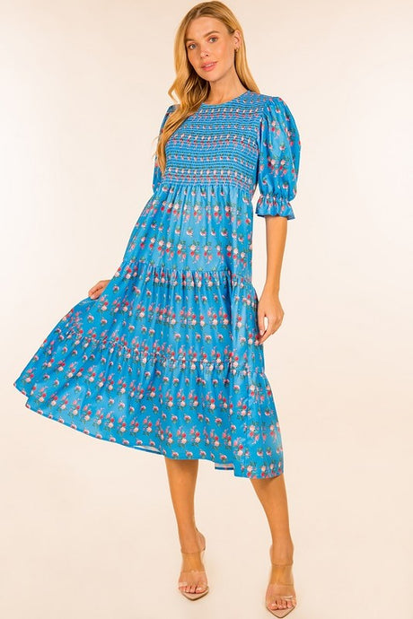 Blue Floral Print Short Puff Sleeve Smocked Dress
