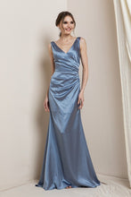 Blue V Neck Satin Maxi Evening Dress
