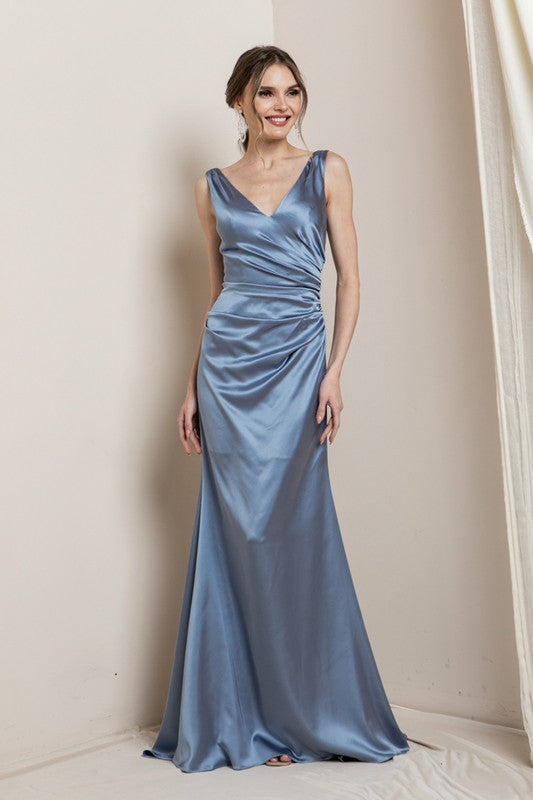 Blue V Neck Satin Maxi Evening Dress