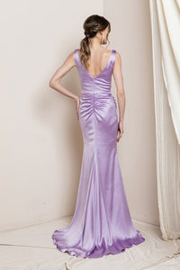 Lavender V Neck Satin Maxi Evening Dress