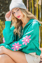 Kelly Green Quarter Zip Flower Detail Sweater