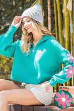 Kelly Green Quarter Zip Flower Detail Sweater