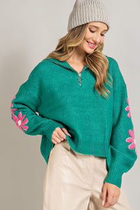 Kelly Green Quarter Zip Flower Detail Sweater