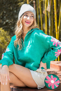 Kelly Green Quarter Zip Flower Detail Sweater – Aquarius Brand