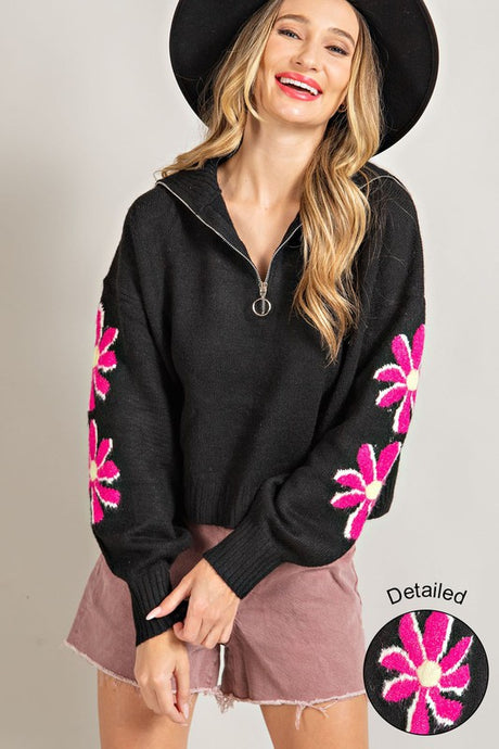 Black Quarter Zip Flower Detail Sweater
