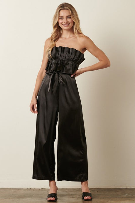 Black Satin Ruffle Bust With Tie Back Jumpsuit