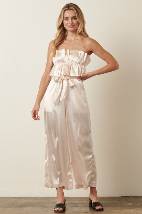 Champagne Satin Ruffle Bust With Tie Back Jumpsuit
