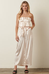 Champagne Satin Ruffle Bust With Tie Back Jumpsuit