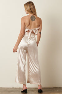 Champagne Satin Ruffle Bust With Tie Back Jumpsuit