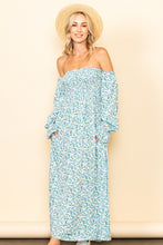 Blue On & Off Shoulder Smocked Chest Maxi Dress