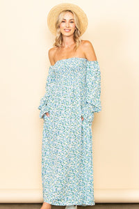Blue On & Off Shoulder Smocked Chest Maxi Dress