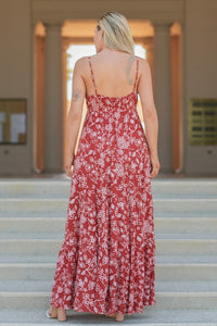 Red Print Rayon Gauze Tiered Maxi Dress