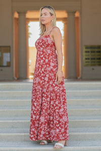 Red Print Rayon Gauze Tiered Maxi Dress