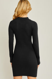 Black Long Sleeve Ribbed Polo Dress