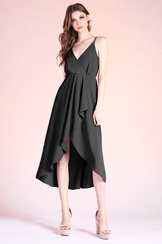 Black Textured Solid Overlap Cami Midi Dress