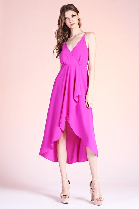 Fuchsia Textured Solid Overlap Cami Midi Dress