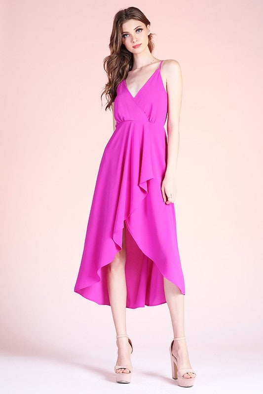 Fuchsia Textured Solid Overlap Cami Midi Dress