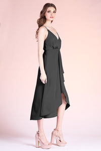 Black Textured Solid Overlap Cami Midi Dress