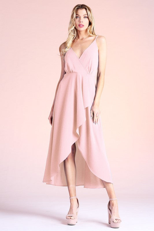 Light Pink Textured Solid Overlap Cami Midi Dress