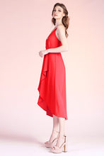 Red Textured Solid Overlap Cami Midi Dress