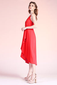 Red Textured Solid Overlap Cami Midi Dress