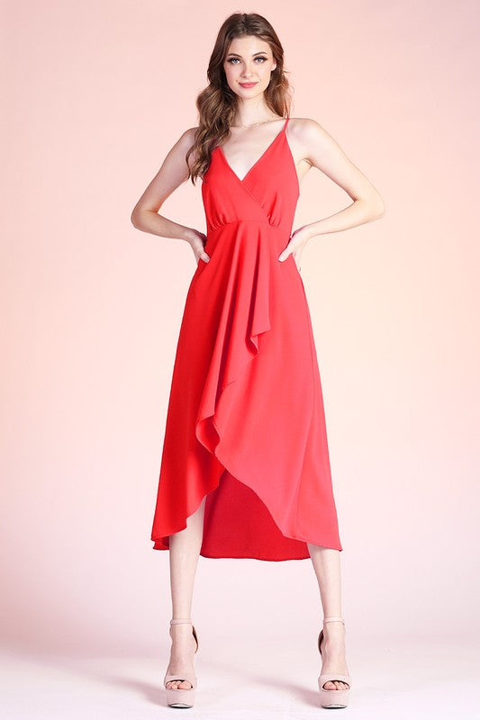 Red Textured Solid Overlap Cami Midi Dress