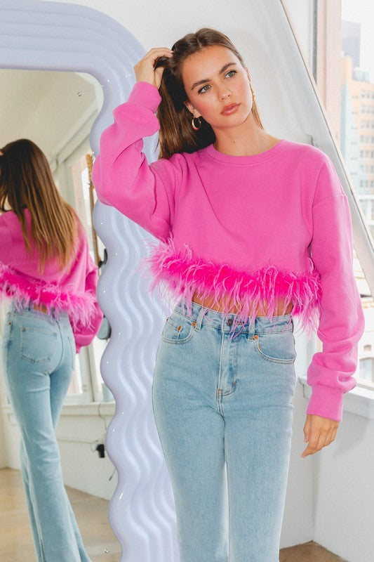 Fuchsia Sweatshirt With Feather Trim