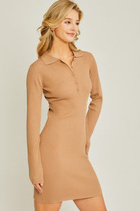 Taupe Long Sleeve Ribbed Polo Dress