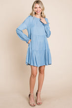 Light Blue Chambray Pleated Tiered Long Sleeve Dress