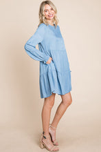 Light Blue Chambray Pleated Tiered Long Sleeve Dress