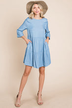 Light Blue Chambray Pleated Tiered Long Sleeve Dress