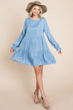 Light Blue Chambray Pleated Tiered Long Sleeve Dress