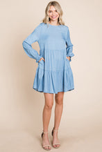 Light Blue Chambray Pleated Tiered Long Sleeve Dress