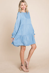 Light Blue Chambray Pleated Tiered Long Sleeve Dress