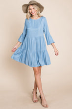 Light Blue Chambray Pleated Tiered Long Sleeve Dress