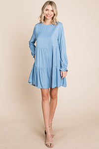 Light Blue Chambray Pleated Tiered Long Sleeve Dress