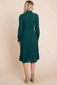 Hunter Green Pintucked Front Button Down Shirtdress With Belt