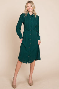 Hunter Green Pintucked Front Button Down Shirtdress With Belt