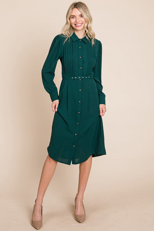 Hunter Green Pintucked Front Button Down Shirtdress With Belt